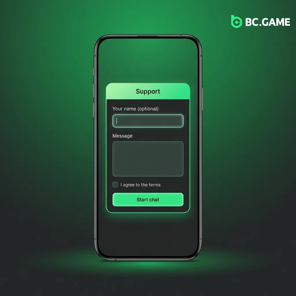 BC Game customer support options showing 24/7 live chat, email, help center, and social media with response times