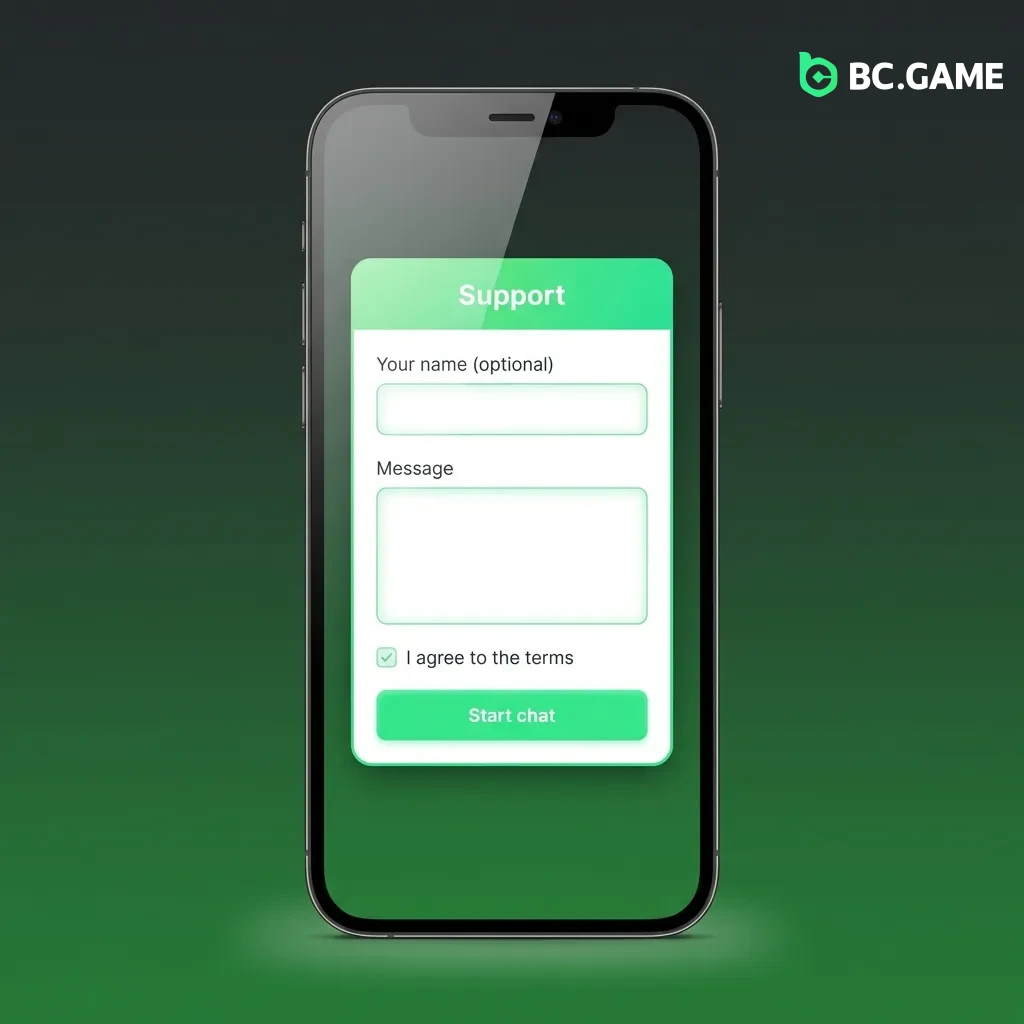 BC Game customer support channels showing 24/7 availability via live chat, email, Telegram, and help center