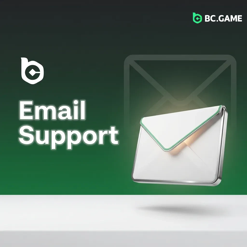 Email support interface showing support@bc.game contact for detailed inquiries and document submissions