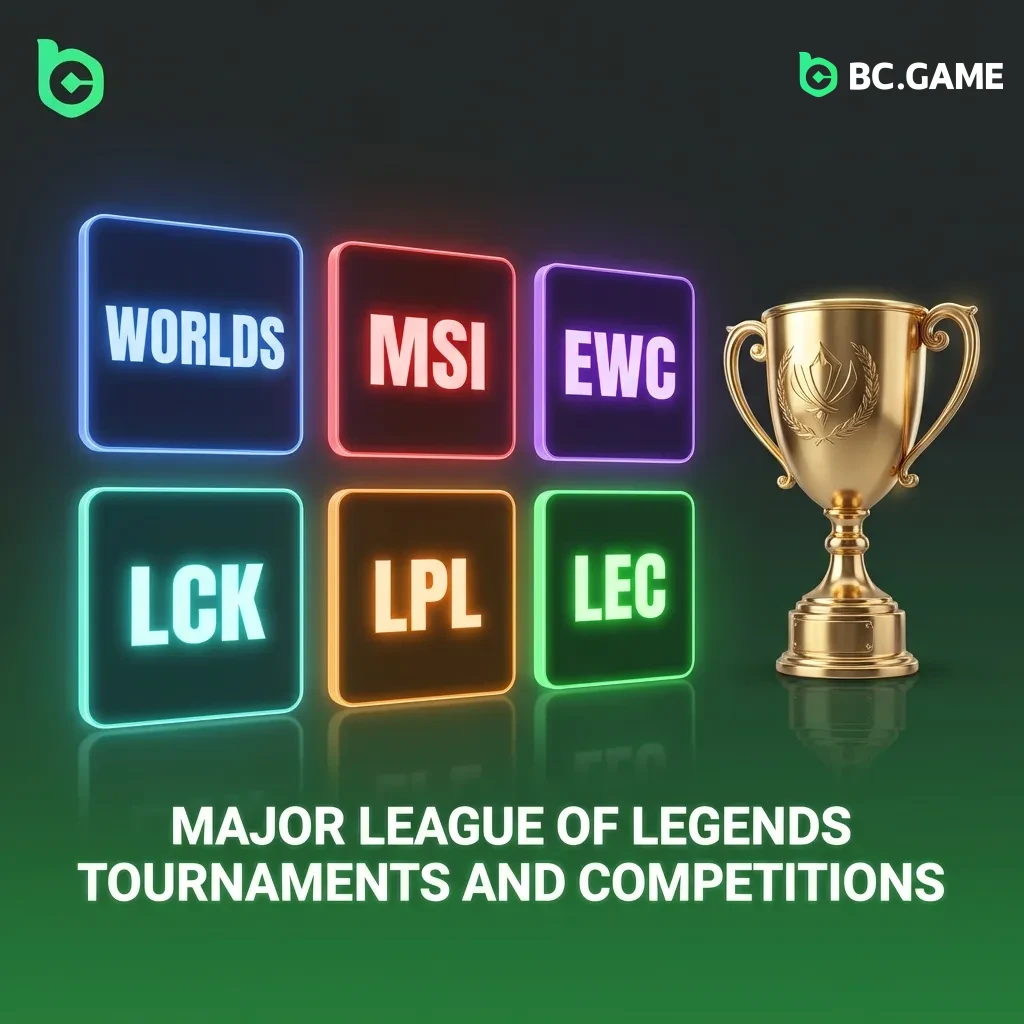 League of Legends tournament logos including Worlds, MSI, LCK, LPL, and LEC championships for esports betting coverage