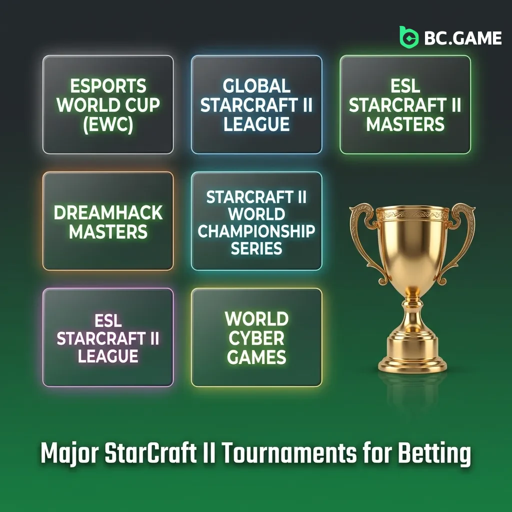 Professional StarCraft II tournament logos displayed including GSL, IEM Katowice, and DreamHack for esports betting markets
