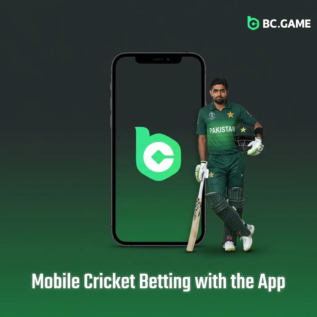 Person using smartphone to place cricket bets on BC Game mobile app interface with betting markets displayed