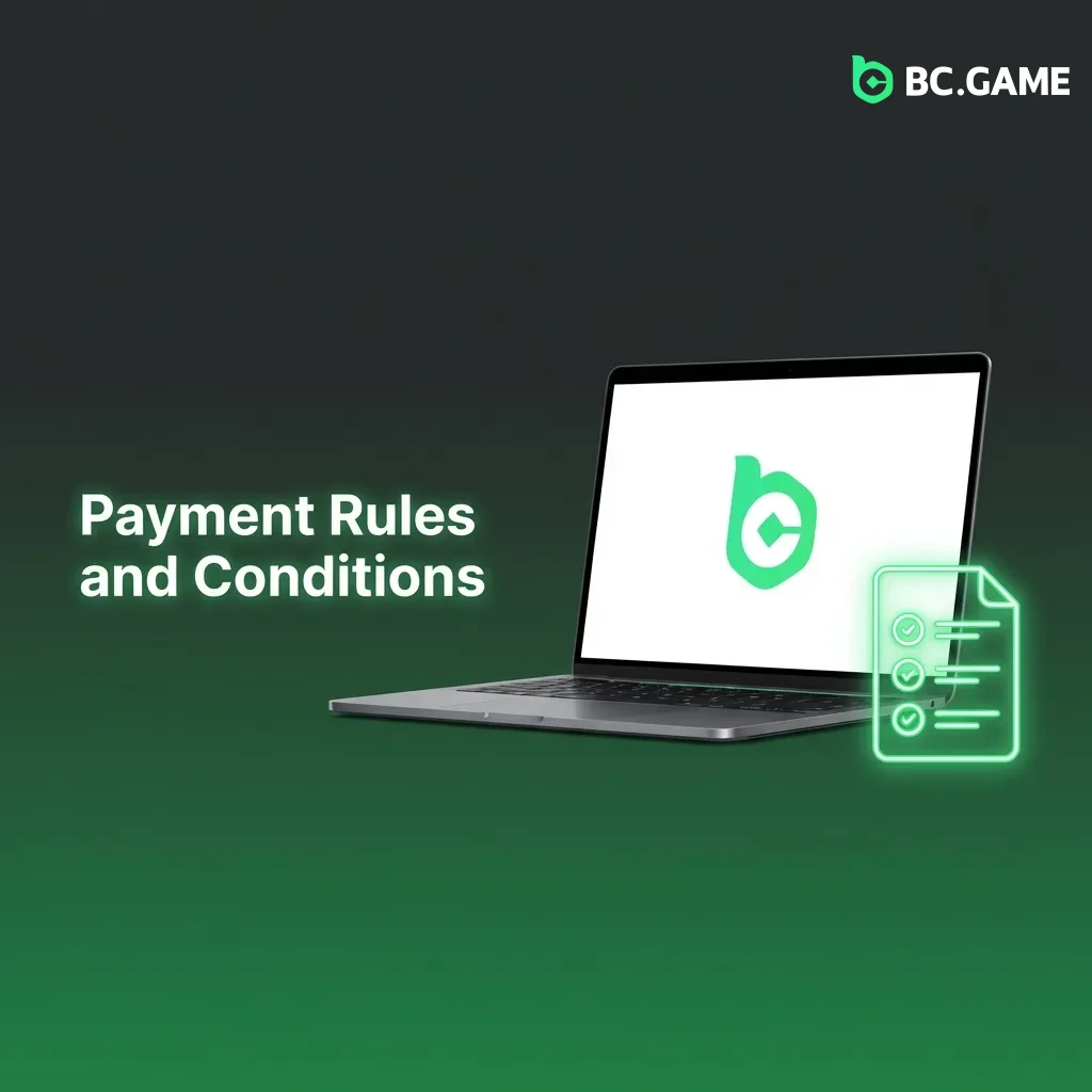 BC Game India payment rules interface showing verification, deposit/withdrawal conditions, and transaction limits