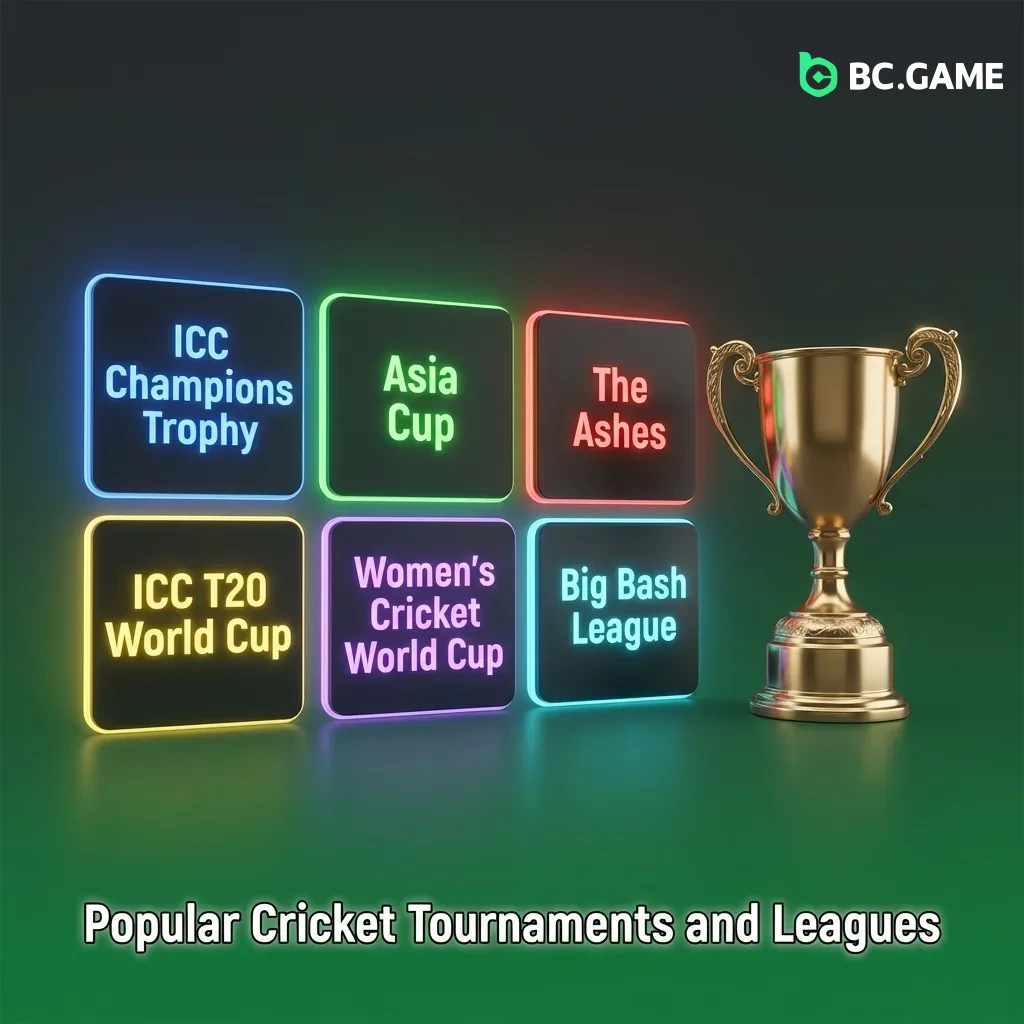 Cricket tournaments including World Cup, T20, PSL, IPL, and The Ashes series with players competing on field