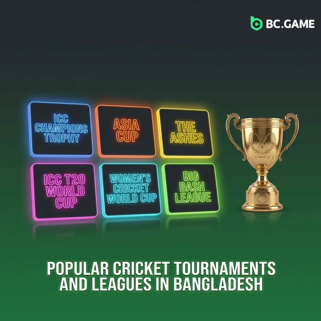 Cricket tournaments including ICC World Cup, T20 World Cup, IPL, and The Ashes with betting opportunities on BC Game