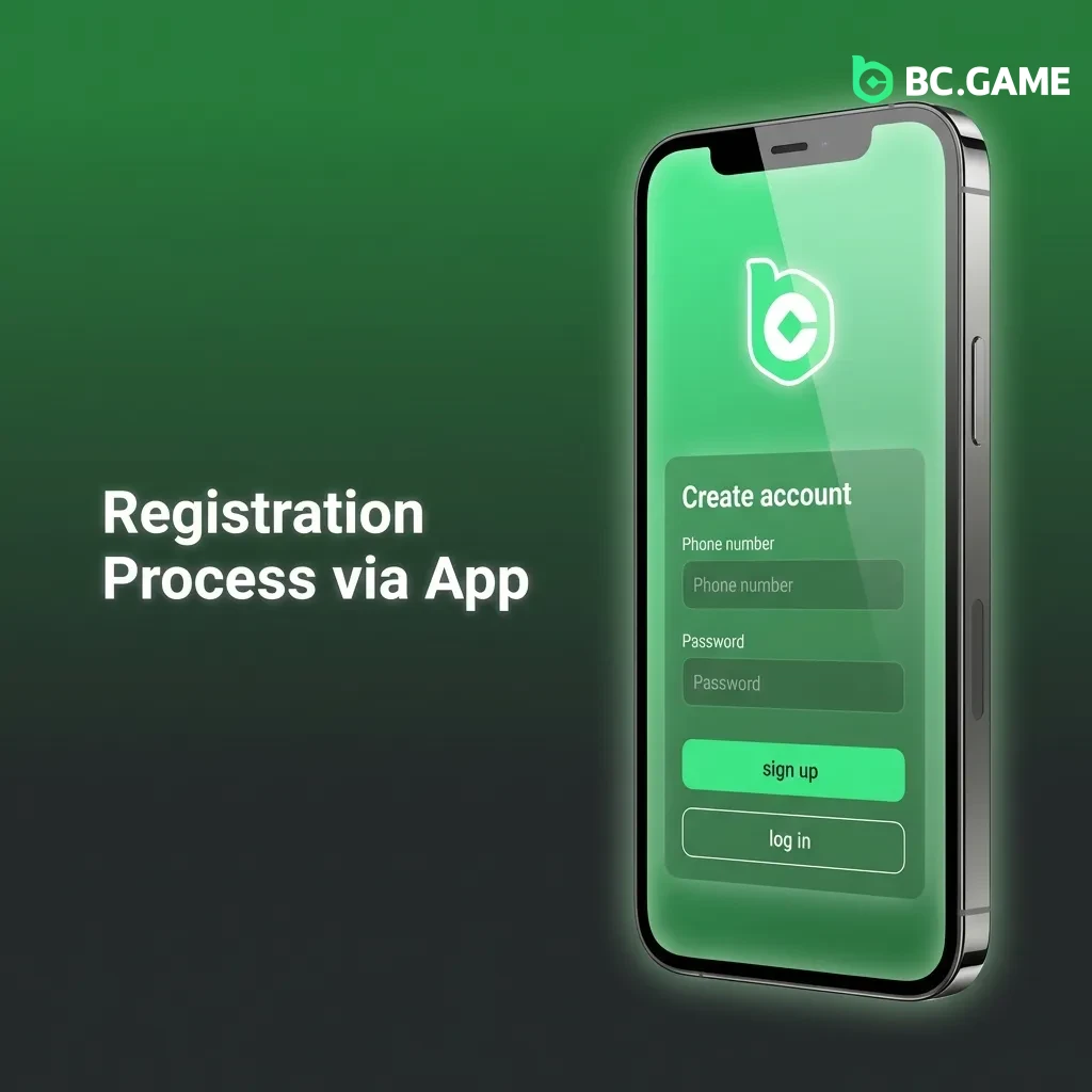 Mobile app registration screen showing sign-up button, email/phone field, password creation, and currency selection