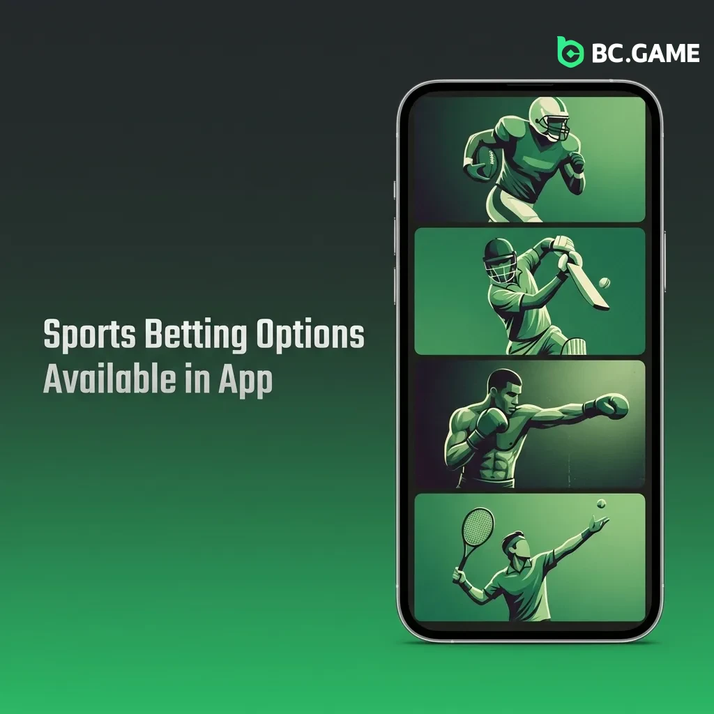 BC Game app sports betting interface showing cricket, football, tennis, kabaddi, basketball, and esports options