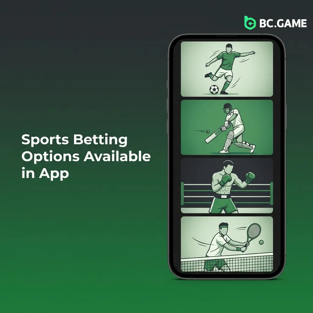 BC Game mobile app displaying sports betting options including cricket, football, tennis, and esports markets