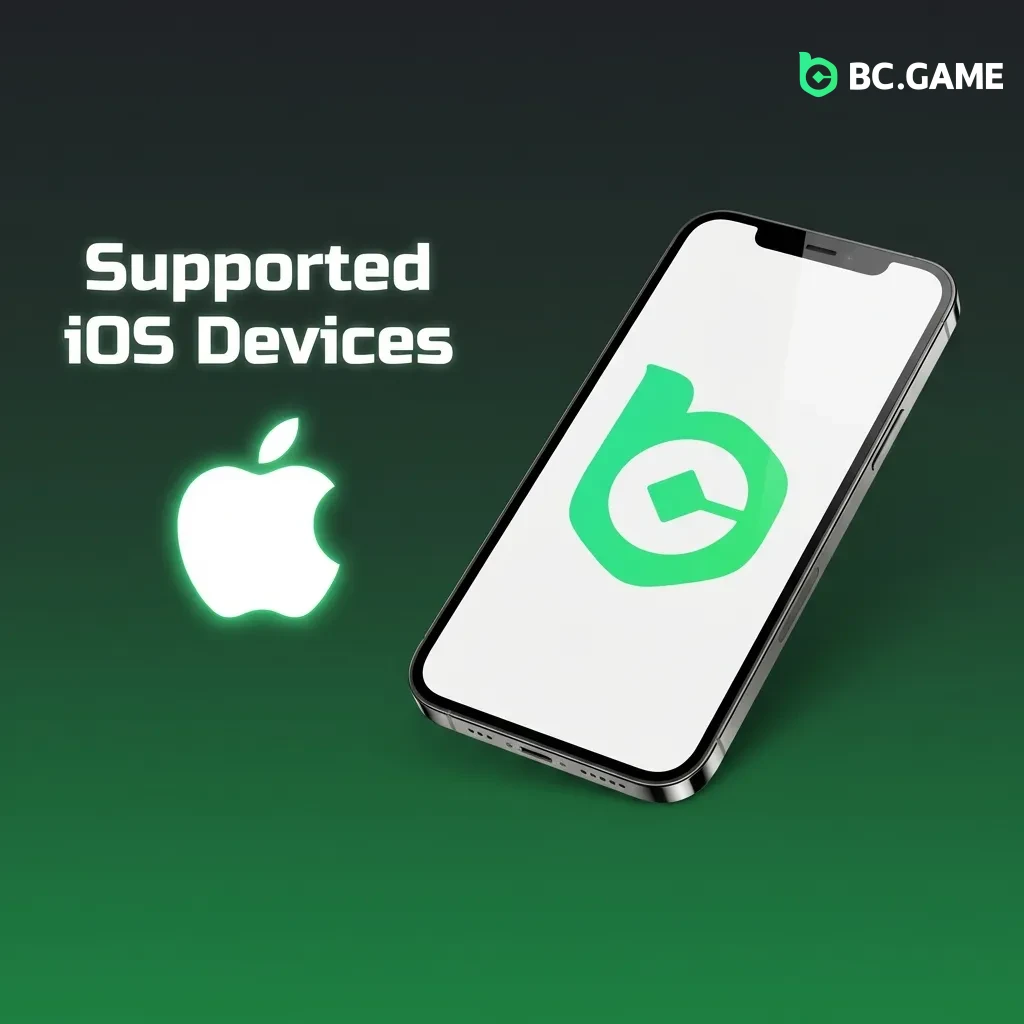 List of compatible Apple devices including iPhone models 13, 12, 11, XR, SE, X, 8 and iPad Air, Pro, and mini for BC Game