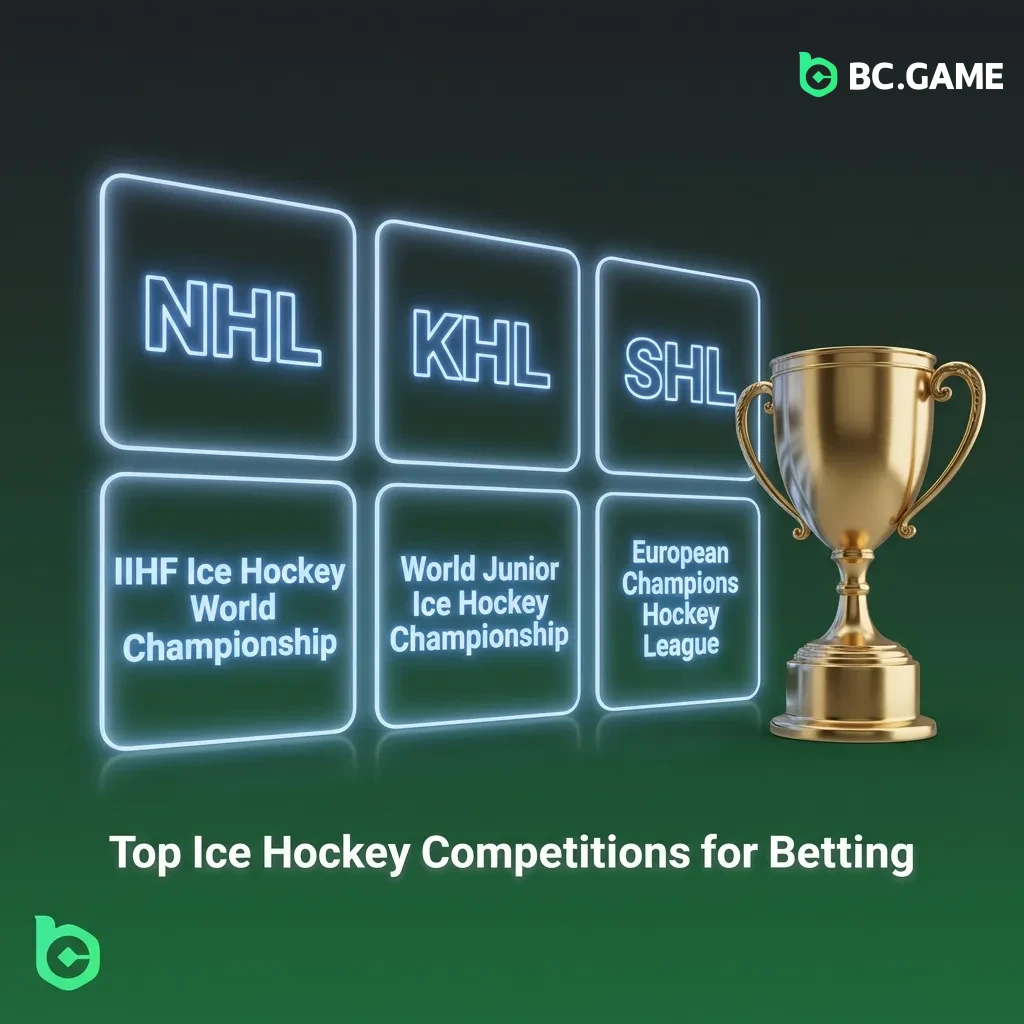 Major ice hockey leagues and tournaments available for betting including NHL, KHL, IIHF, Olympics, and European competitions.