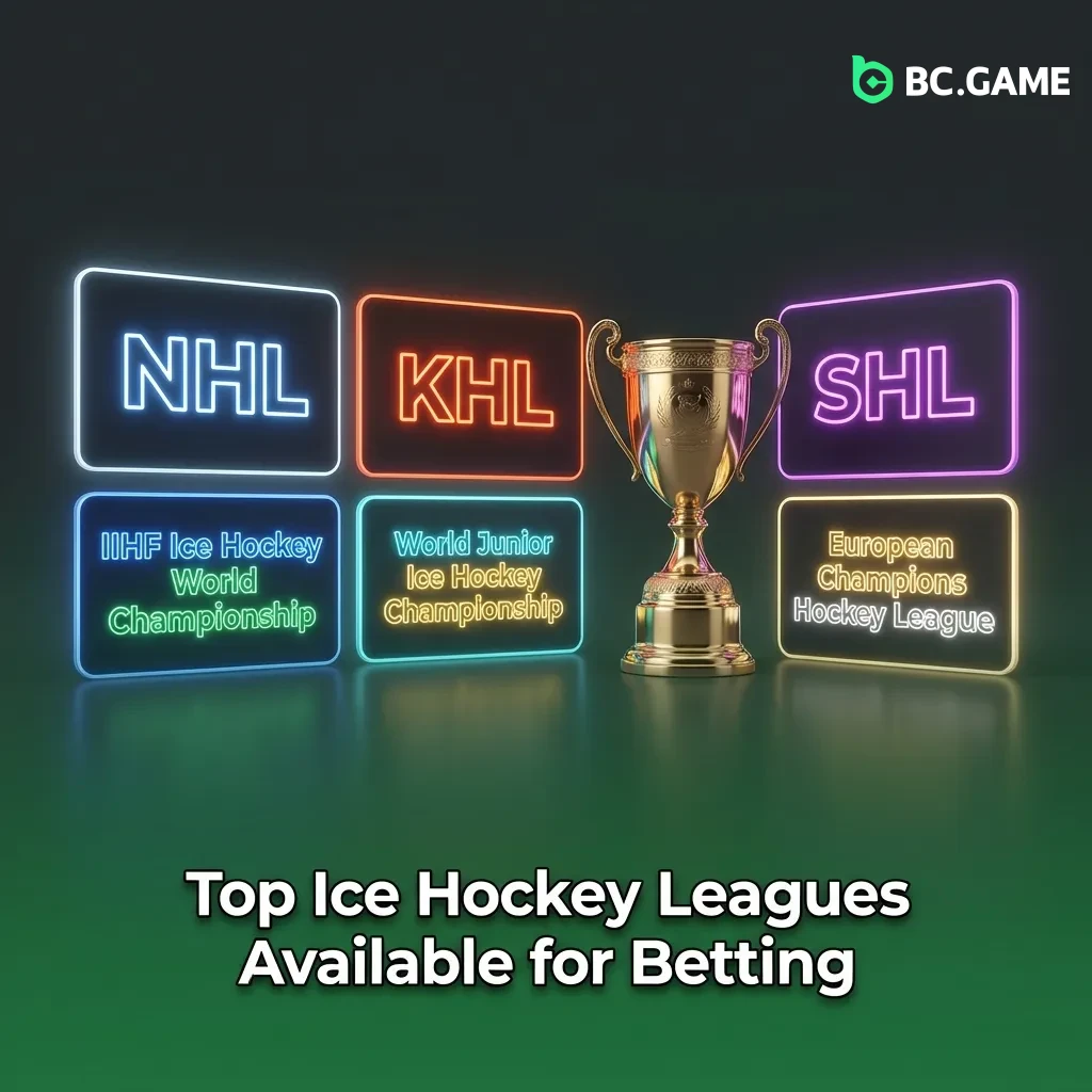 Major ice hockey leagues including NHL, KHL, and international tournaments available for betting on BC Game platform.