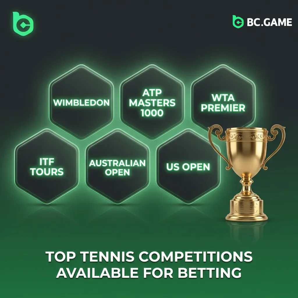 Tennis betting options showing Grand Slam tournaments, ATP/WTA events, and international competitions available year-round