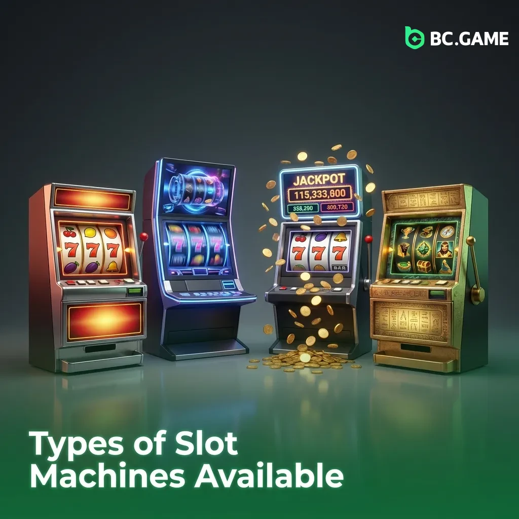 BC Game slot machine types including classic, video, Megaways, cluster pays, progressive jackpots, and branded slots