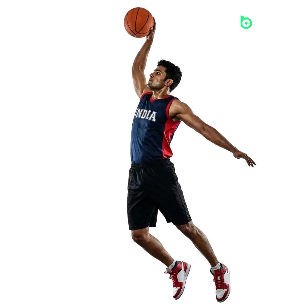 Basketball players in action with BC Game India betting interface showing live odds and wagering options