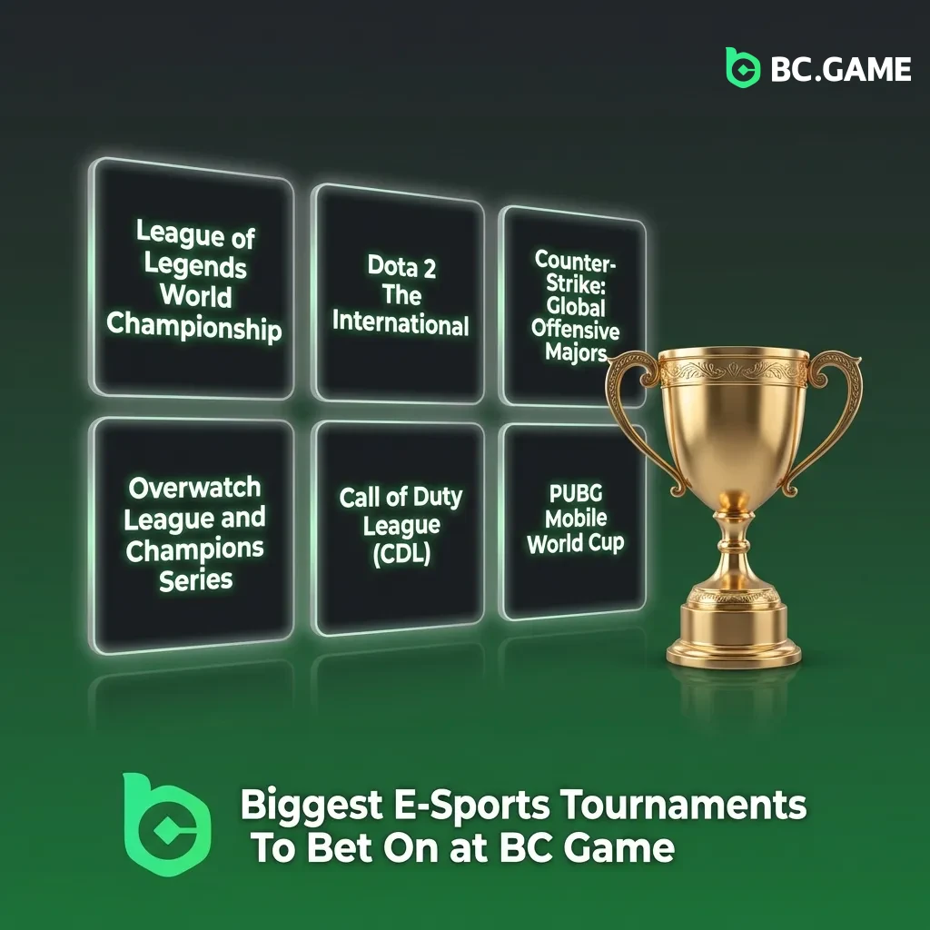 Table showing major e-sports tournaments available for betting at BC Game across Dota 2, CS2, LoL, Valorant, and more games