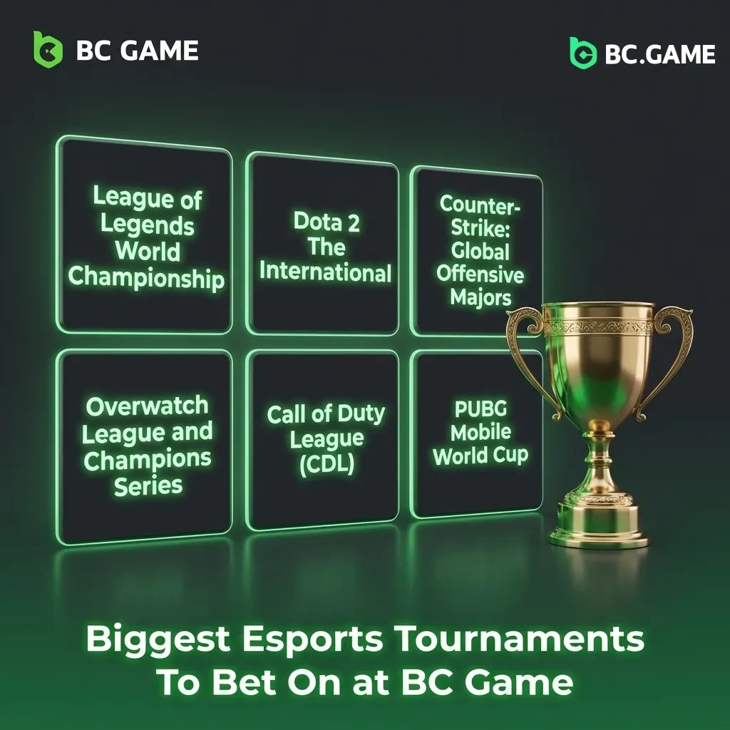 Major esports tournaments table showing top betting events for Dota 2, CS2, LoL, Valorant, and other popular games at BC Game