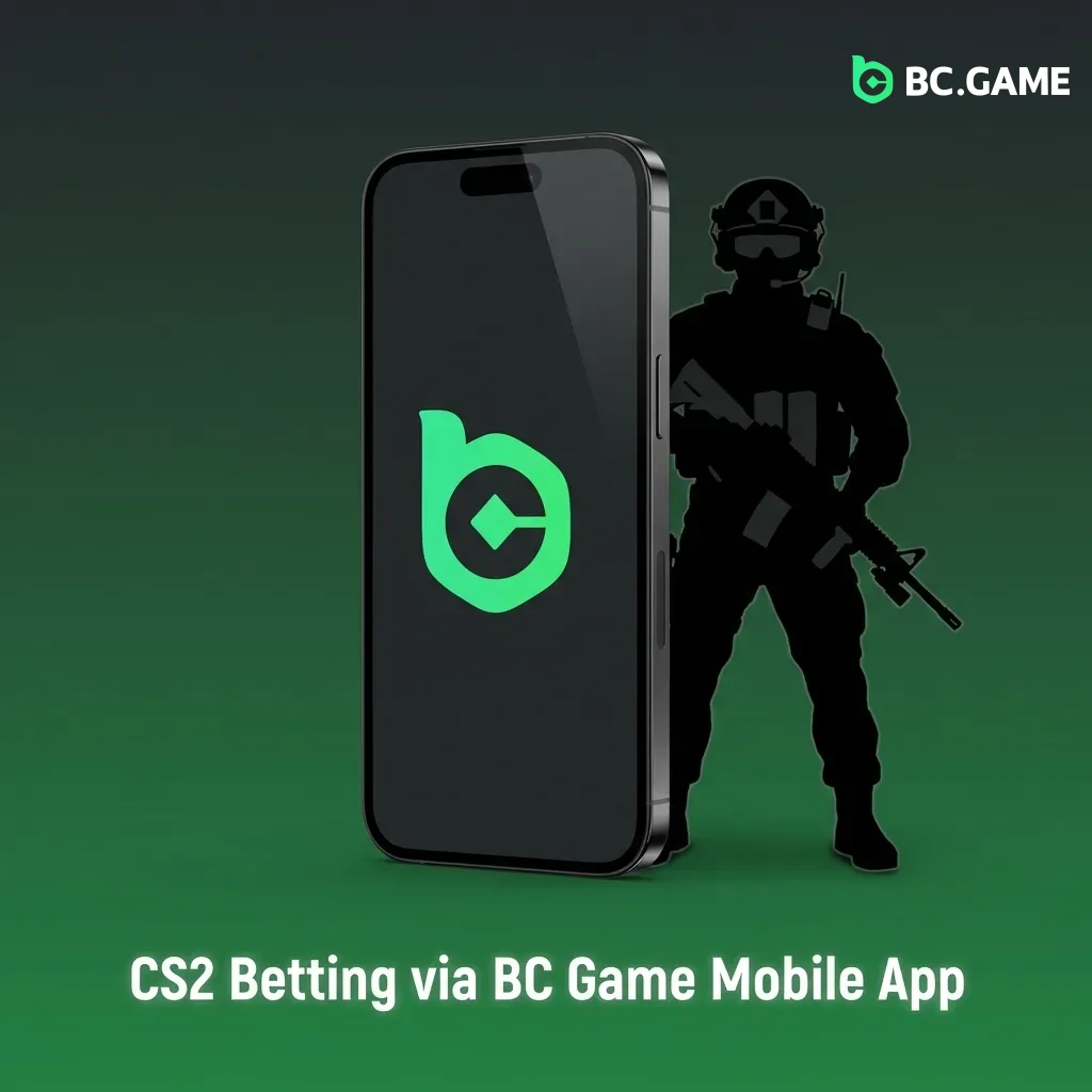 BC Game mobile app interface showing CS2 betting options and download instructions for Android and iOS devices.