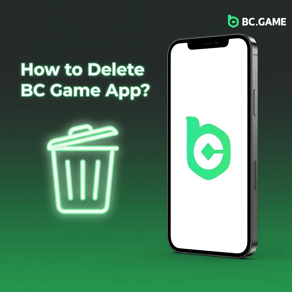 BC Game app uninstall options showing long-press menu on Android and iOS home screens with delete confirmation prompts