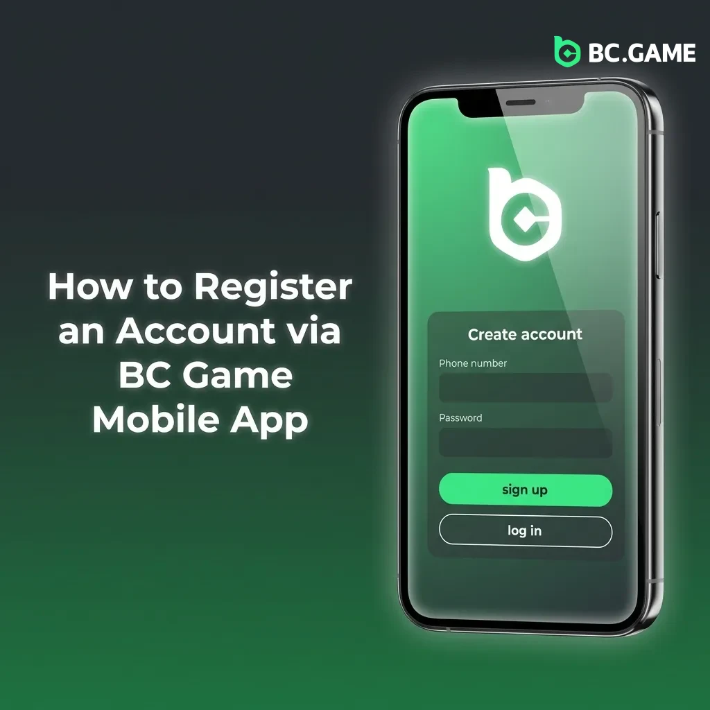 BC Game mobile app registration screen showing sign-up button and account creation form on smartphone