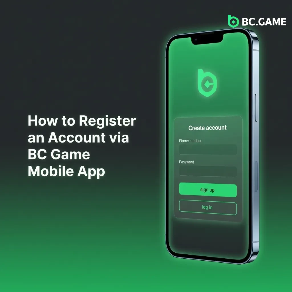 BC Game mobile app registration screen showing sign-up button and account creation form on iOS device
