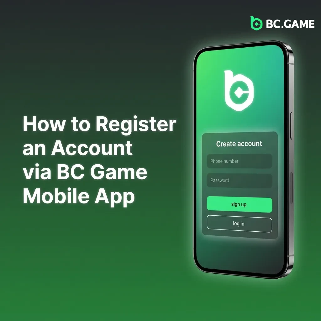 BC Game mobile app registration screen showing sign-up button and account creation form on iOS device