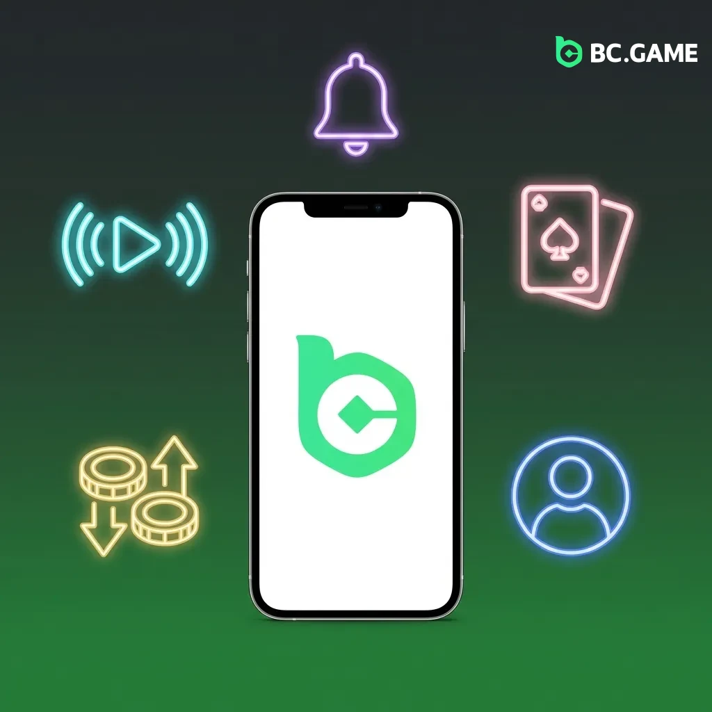 BC Game mobile app interface showing payment options, casino games, live betting, and welcome bonus features