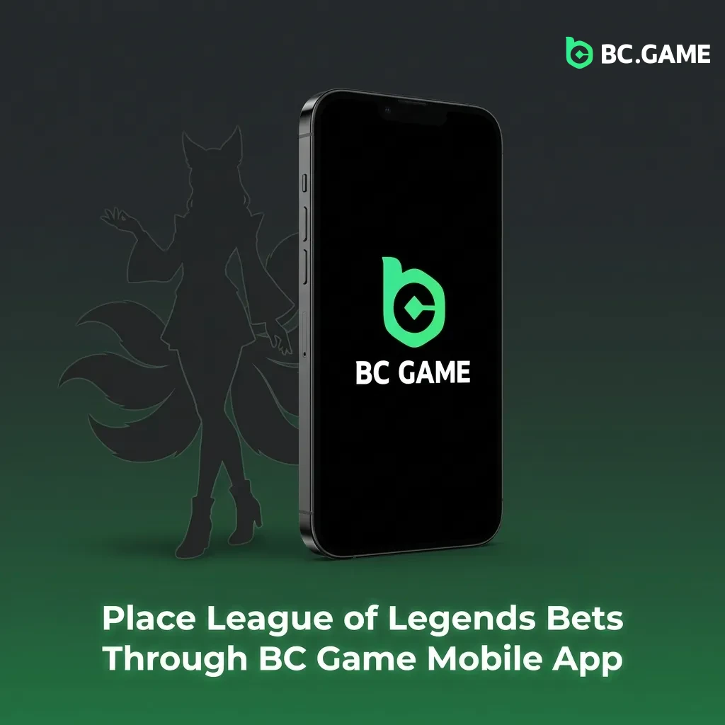 Person using BC Game mobile app to place League of Legends esports bets on smartphone with match odds displayed on screen