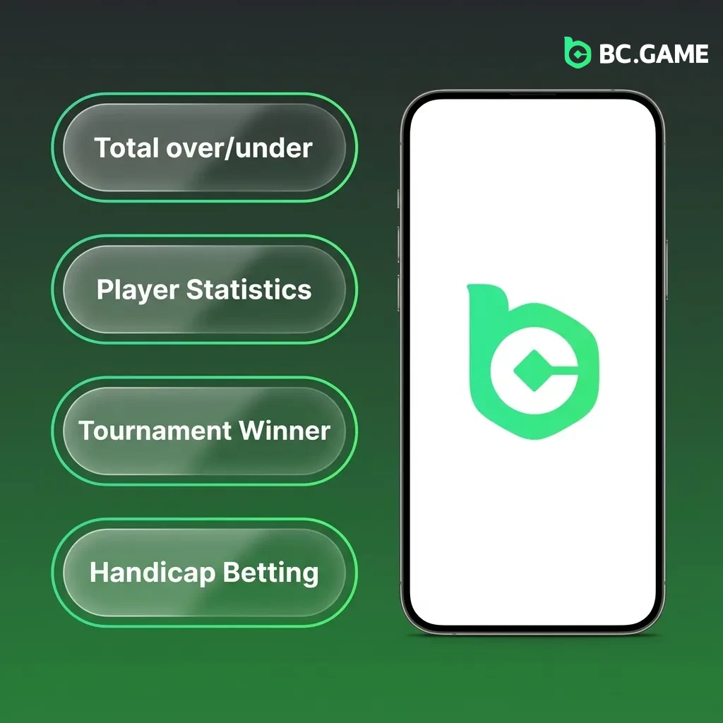 BC Game app betting options including single bets, accumulators, trebles, system bets, and live in-play betting.