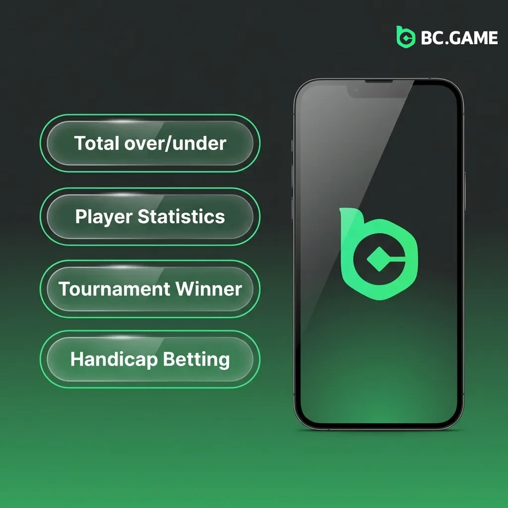 BC Game app betting options including single, accumulator, system, handicap, over/under, and correct score bets