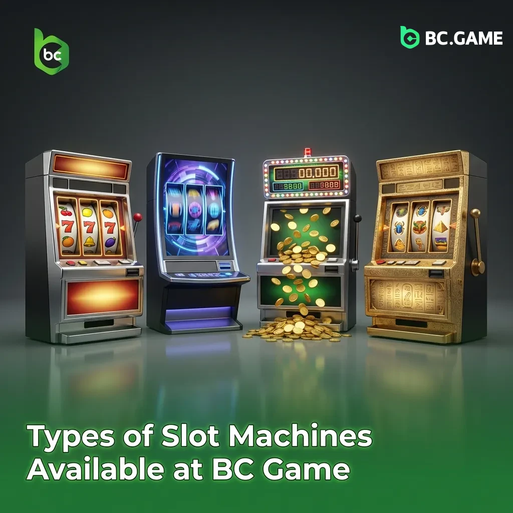 BC Game slot machine types including classic, video, Megaways, jackpot, bonus buy, and cluster pays slots