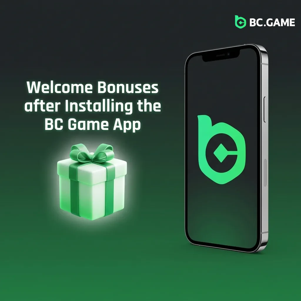 BC Game app welcome bonus package showing 380% deposit match up to BDT 2,441,233 plus free bets and spins for new players