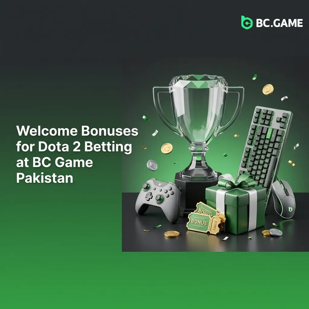 BC Game Pakistan welcome bonus interface showing 380% package up to PKR 5,586,140 for Dota 2 betting with registration steps