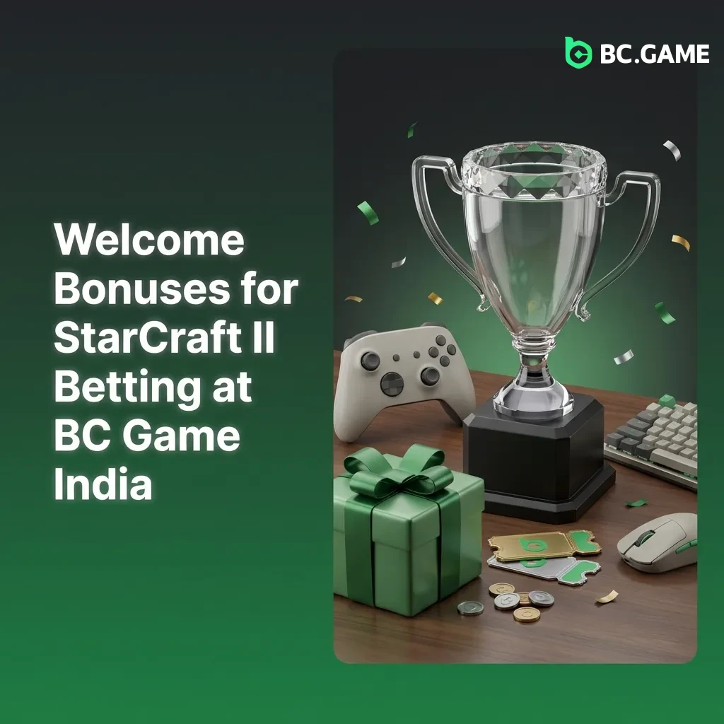 BC Game India welcome bonus offer showing 380% package up to ₹18,17,079 for StarCraft II esports betting with registration steps