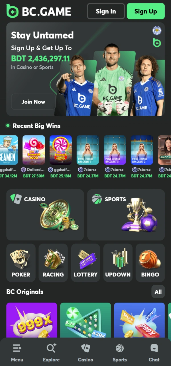 Explore the official BC Game Android interface on your mobile device.