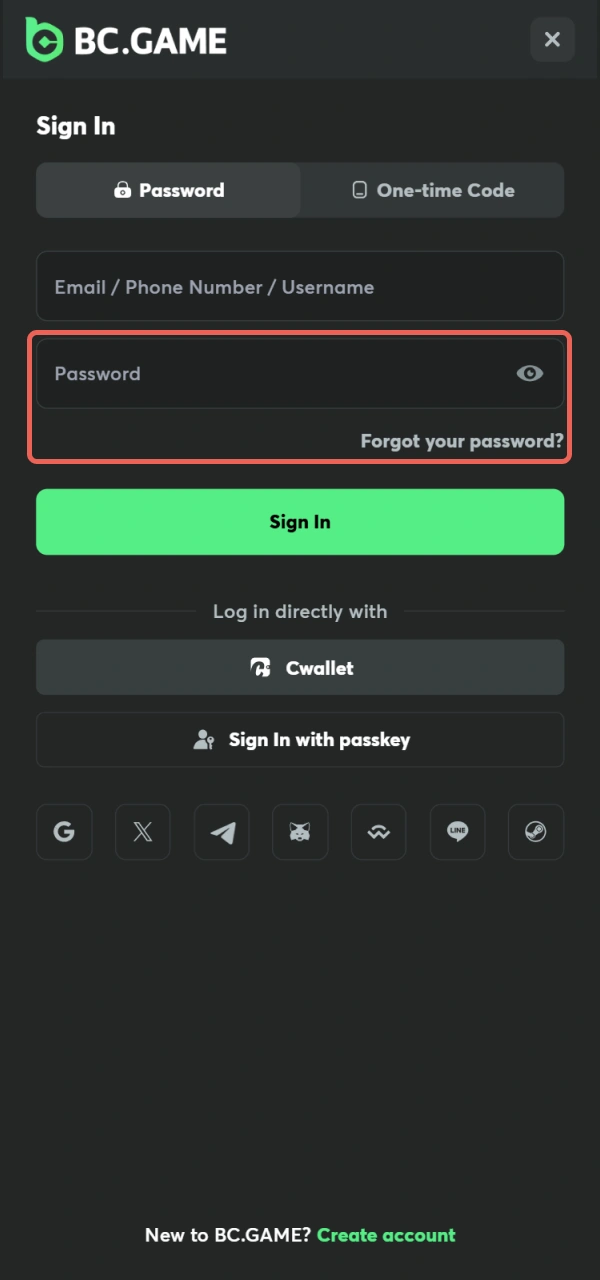 Enter your secret key to authorize your BC Game Android login.