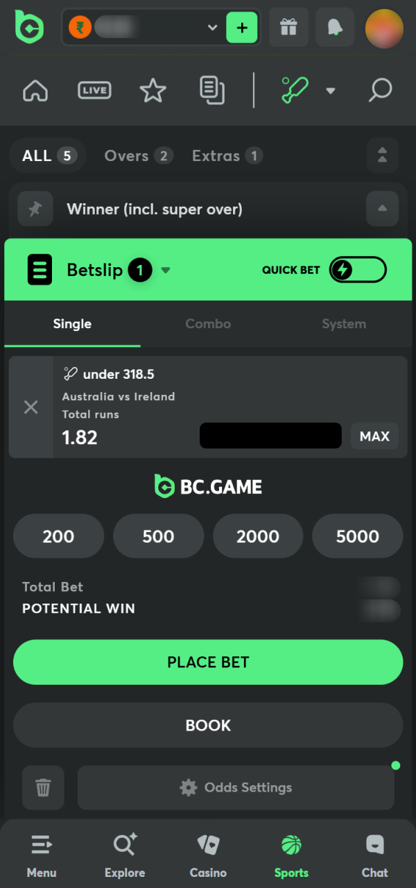 Fill in the stake for your official BC Game Android Bet.