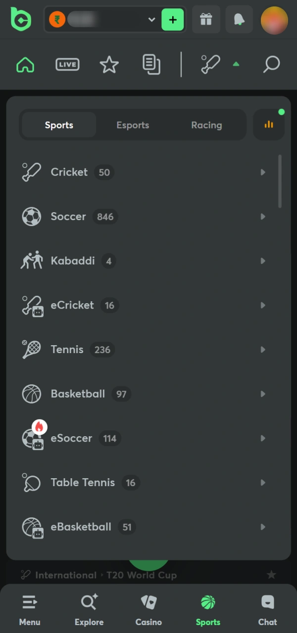 Choose a discipline for your first Bet on BC Game Android.