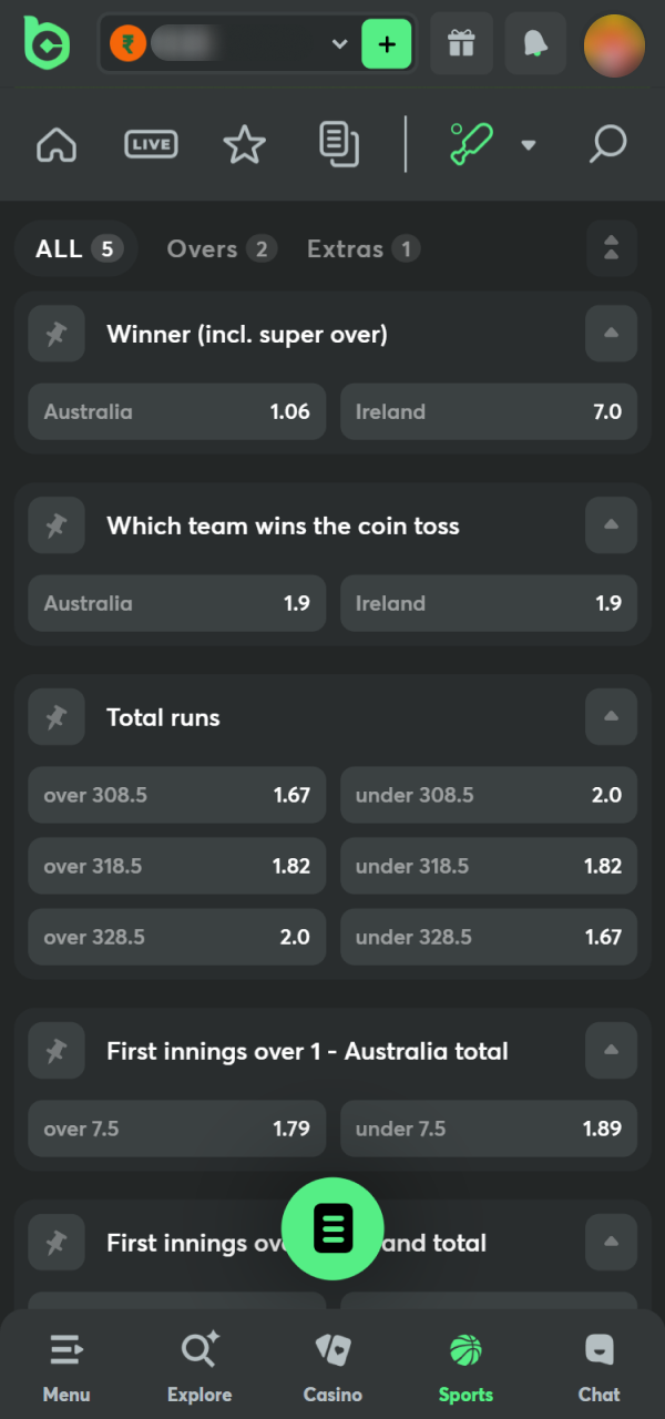Select the most profitable markets for your BC Game Android Bet.