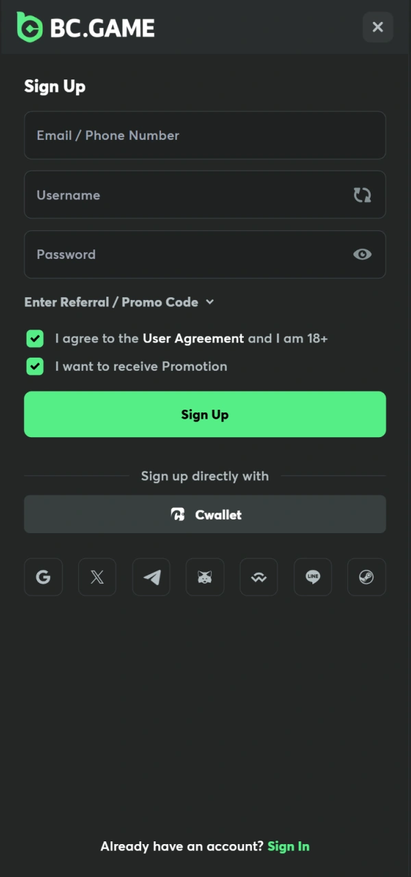 Check the mobile Registration interface on the BC Game Android platform.