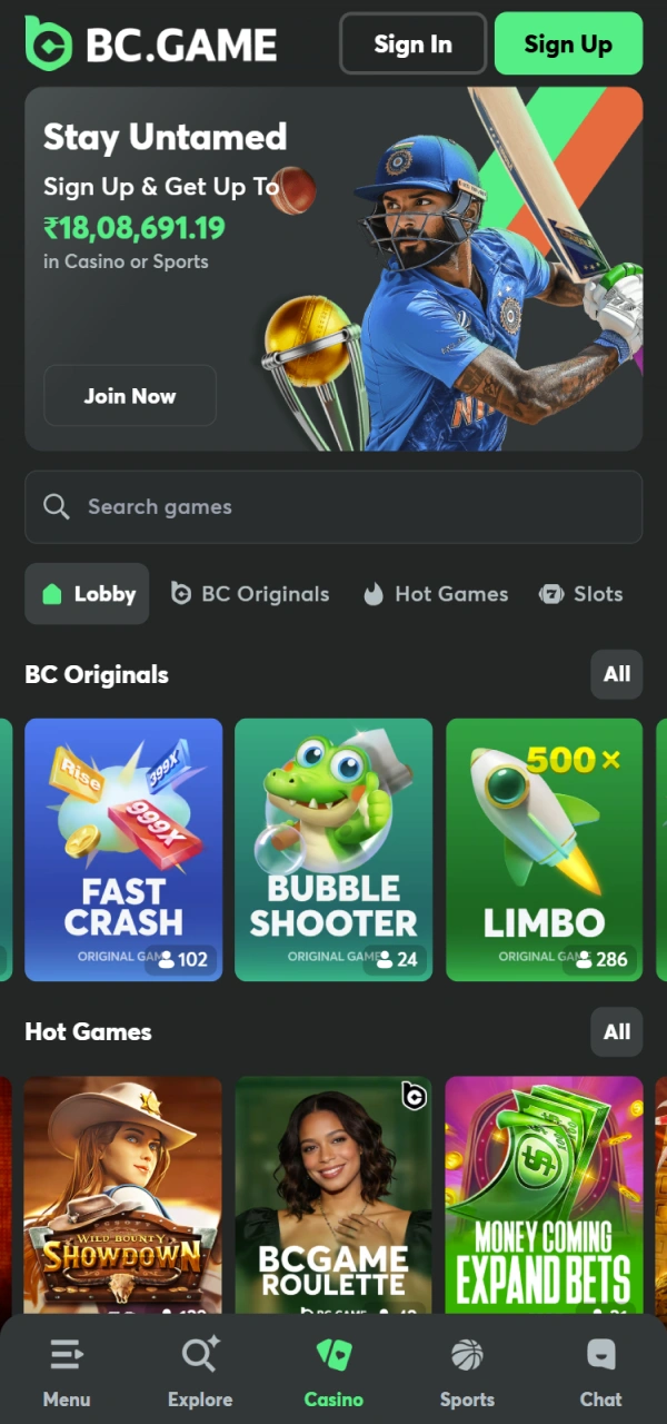 View available casino games within the BC Game Android application.