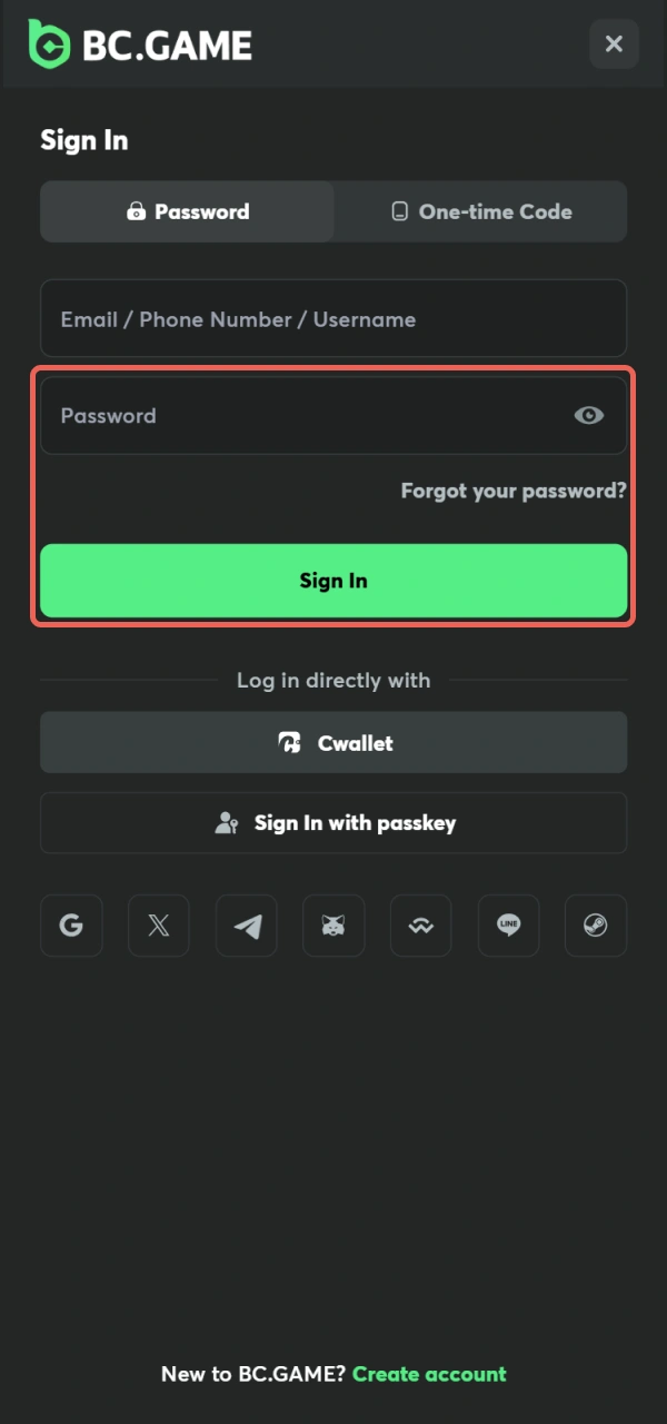 Provide your security key to complete the BC Game Android Login.