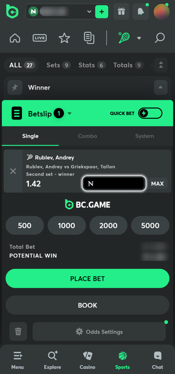 Set your bet amount and check potential returns on BC Game Android.