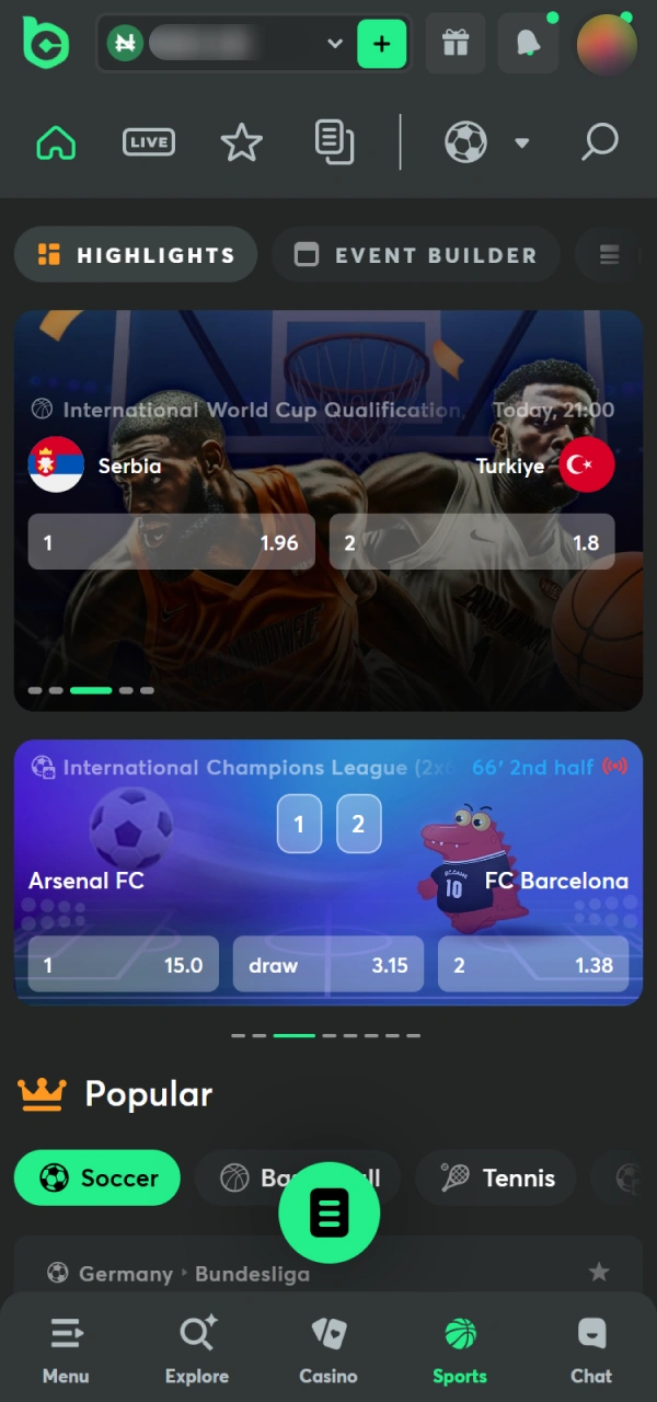 Select a sports match to bet on via BC Game Android.