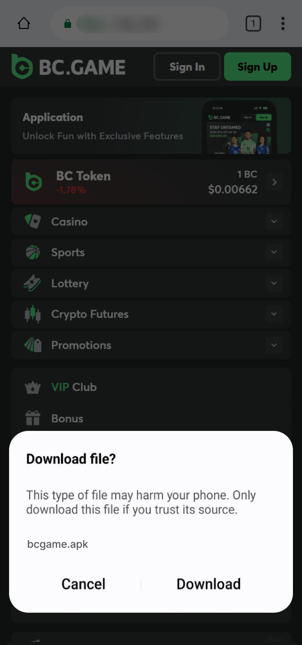Download the BC Game Android APK file to your mobile device.