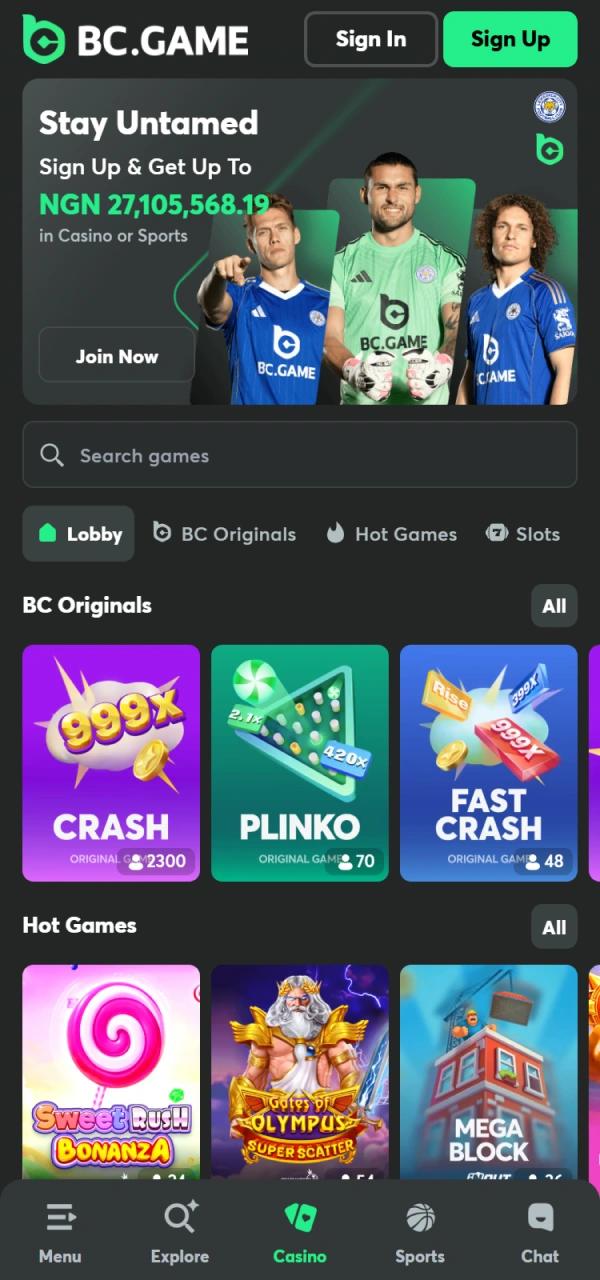 Play popular casino games directly through the BC Game Android app.