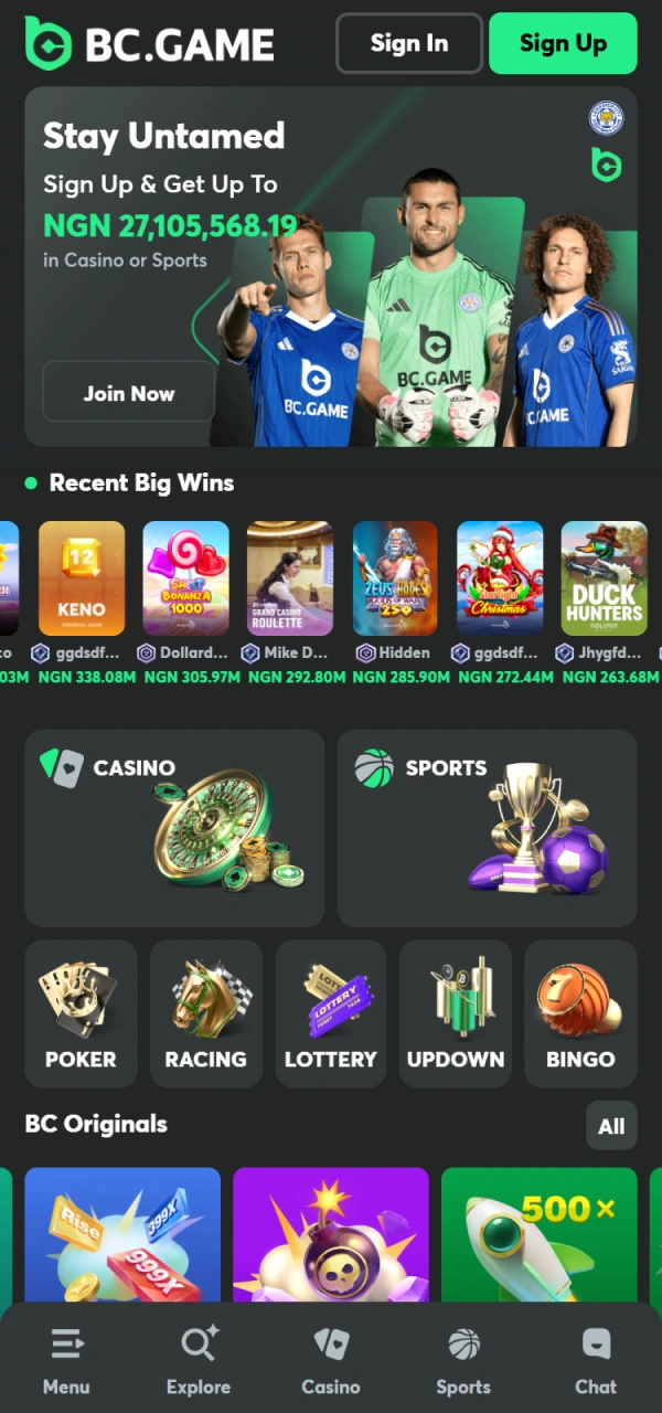 Explore the main interface of the BC Game Android official application.