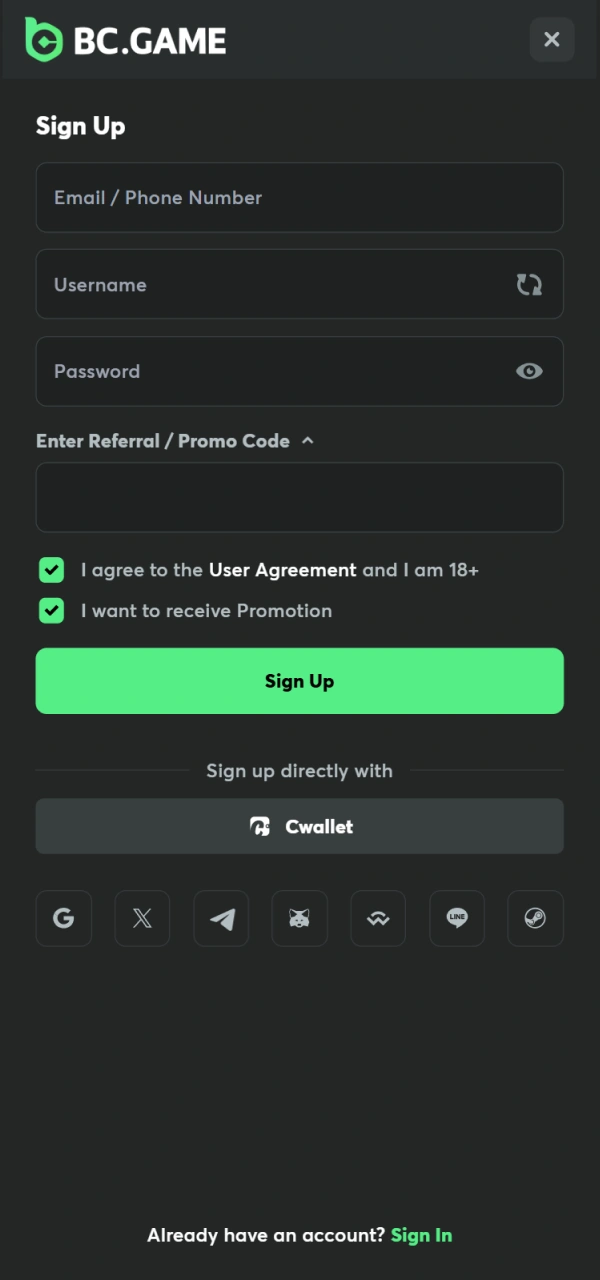 Open a new account using the BC Game Android registration form.