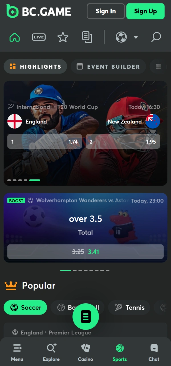 View the variety of sports markets available on BC Game Android.