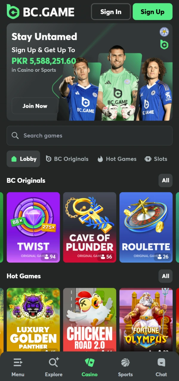 Browse the gambling lobby within the official BC Game Android App.
