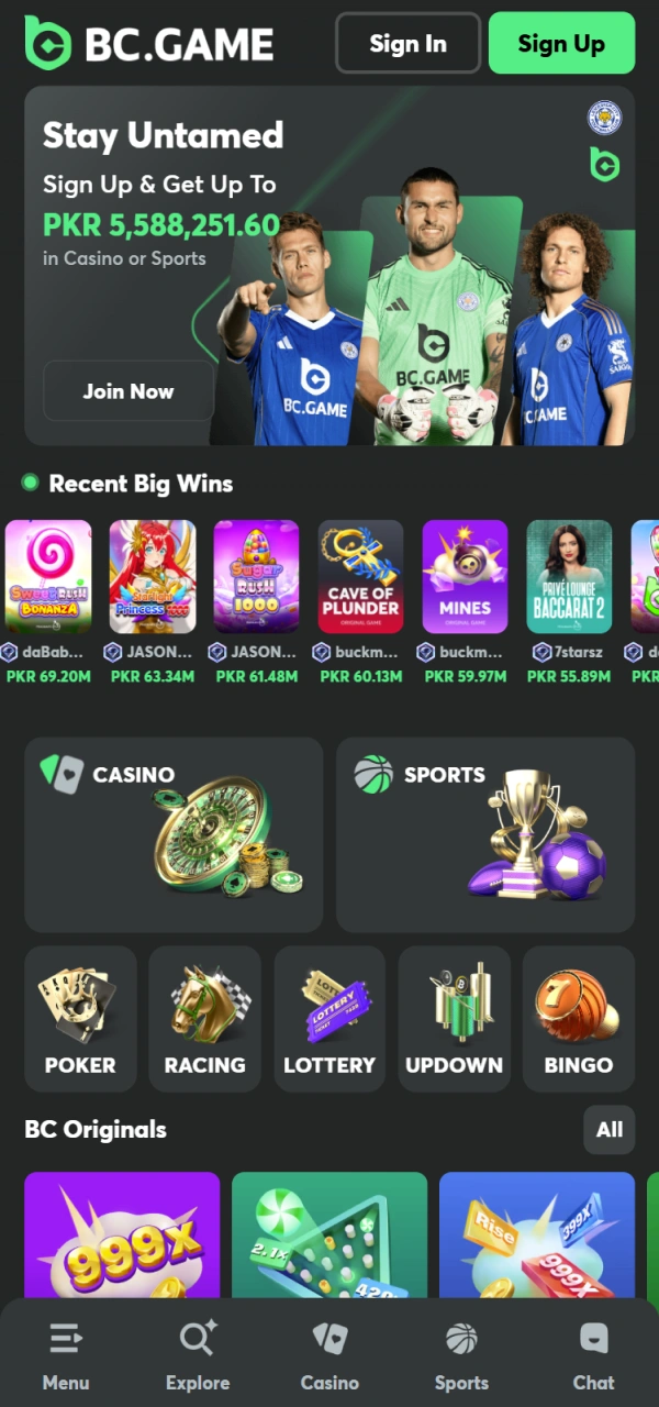 Explore the official BC Game Android App interface on your mobile.